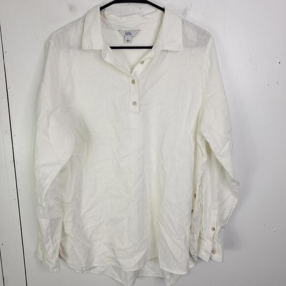 Croft Barrow Top Womens Large White Popover Linen Blend Coastal Side Buttons - Picture 1 of 10